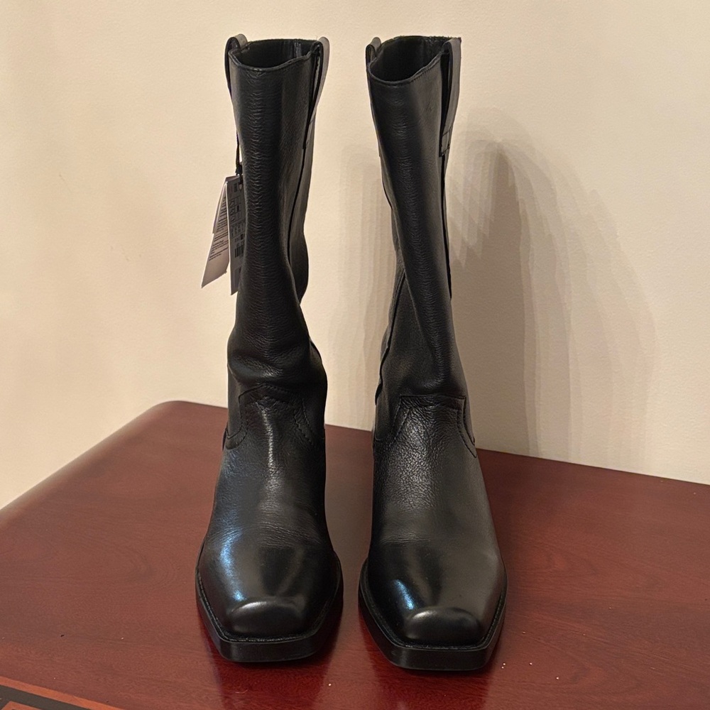 Zara 100% Leather Black Heeled Cowboy Boots sz.7.5 - Picture 11 of 16